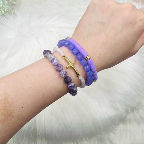 Stainless Steel Cross beaded Arm Candy  Bracelet -  Lavender Color theme - Picture 7 of 7